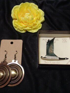 Canada Goose Leather Hand Painted Pin & Big Native Styled Disc Earings Lot